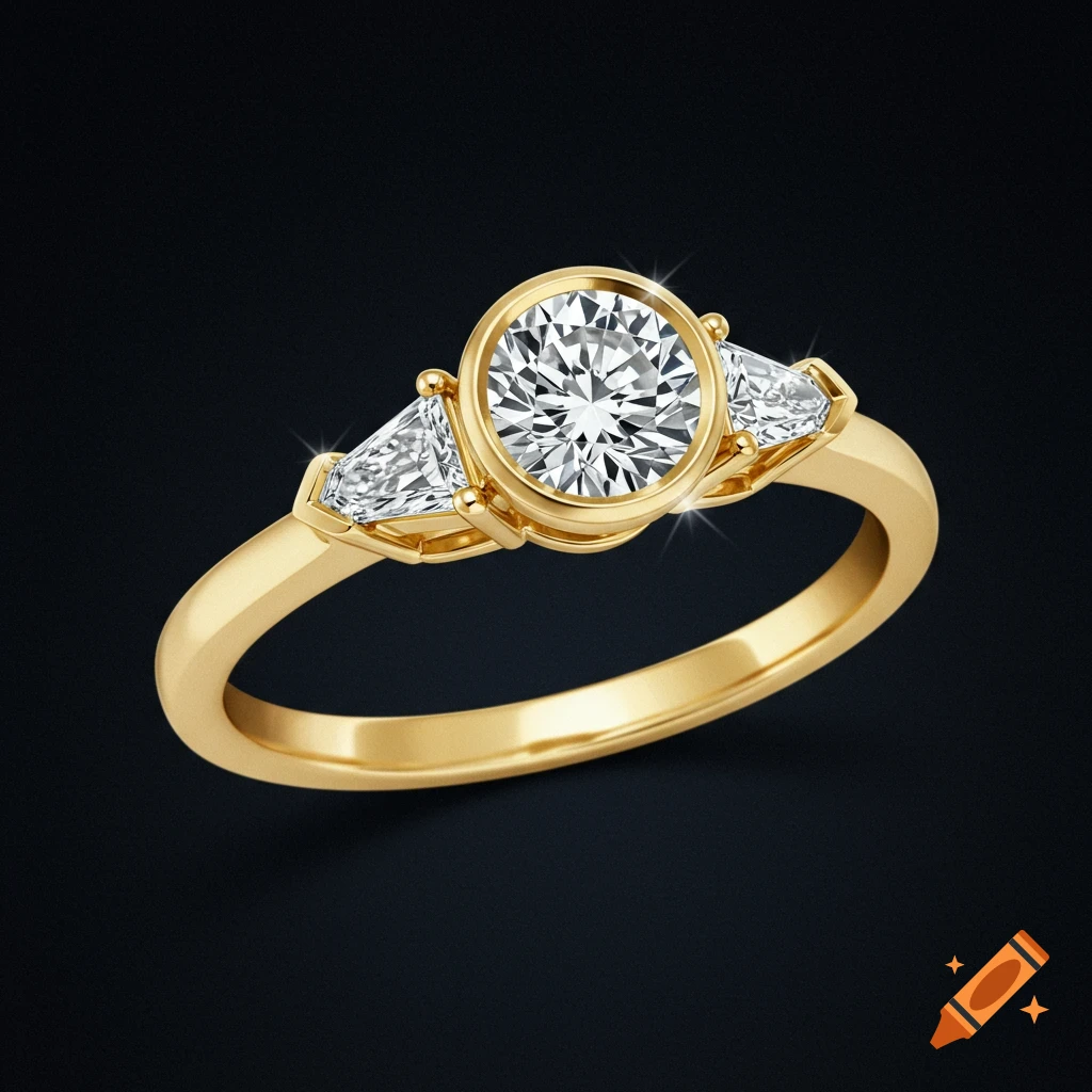 A gold ring featuring a bezel-set round white diamond flanked by two triangular diamonds on a dark background.