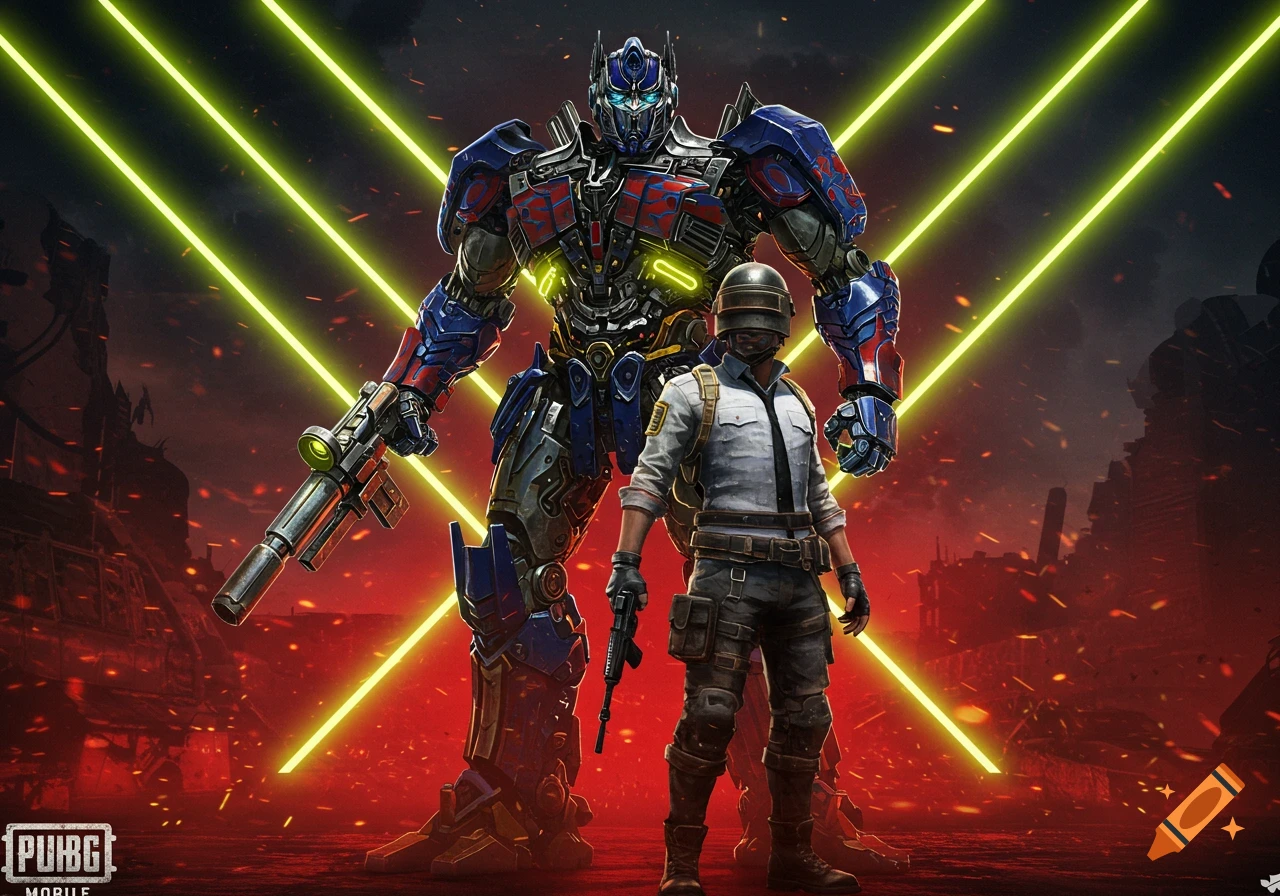 Optimus Prime and a PUBG Mobile character stand in a fiery, apocalyptic scene with glowing yellow neon lines.