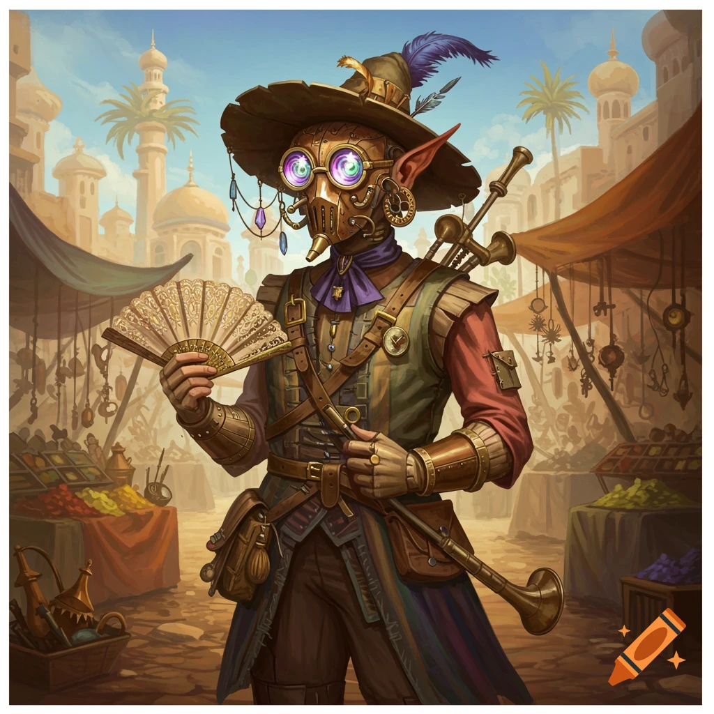 A steampunk elf in a mask and goggles holds a fan and flute in a bustling market with Middle Eastern architecture.