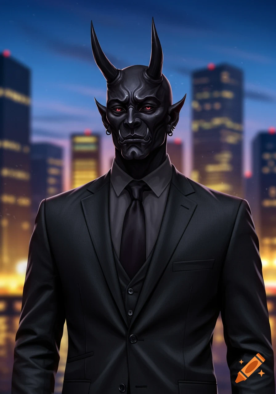 A serious black oni in a dark suit and tie with red eyes and horns stands against a blurred city skyline at dusk.