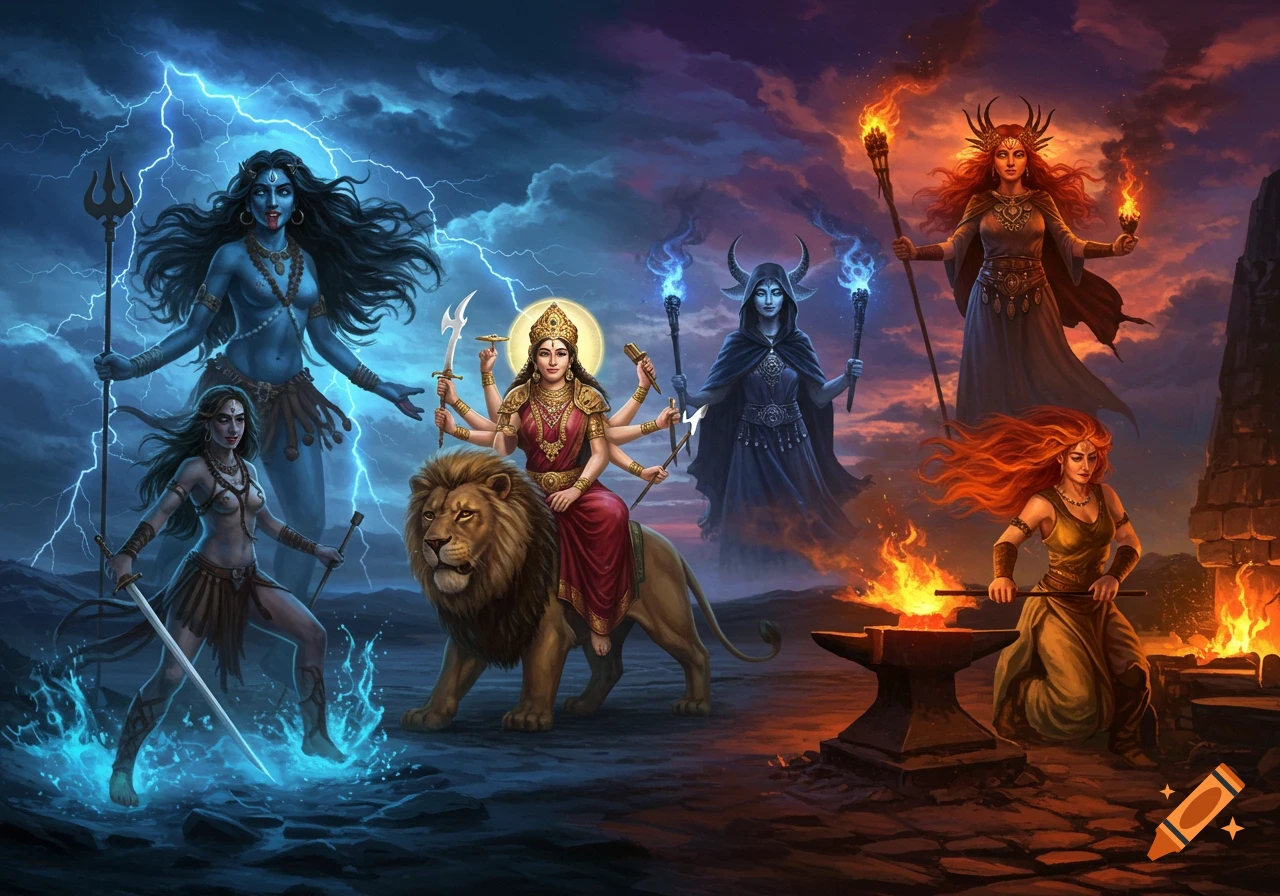 Digital fantasy art of multiple goddesses, including Durga on a lion, Kali, and others, in a landscape split by lightning and fire.