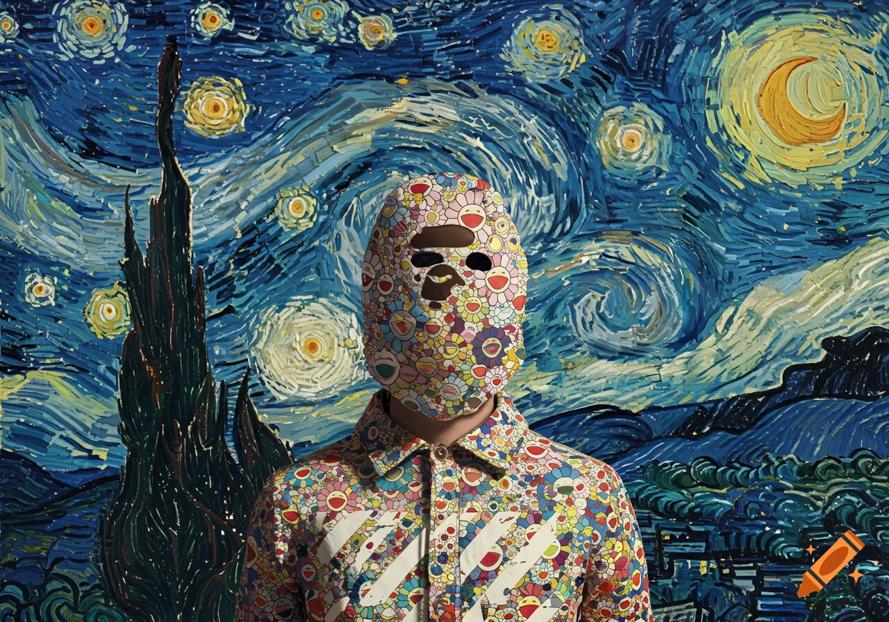 A figure wearing a colorful Bape x Murakami-style mask and patterned shirt stands before a Van Gogh Starry Night painting.