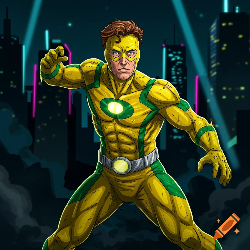 A man in a yellow and green superhero suit with a mask stands in a comic art style against a dark city background.