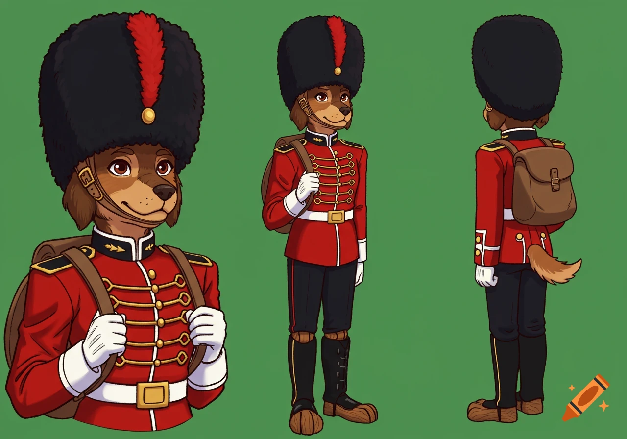 Cartoon brown dog in red British grenadier uniform with bearskin hat and knapsack, shown from front, side, and back views.