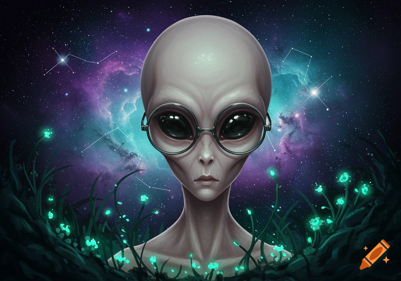 A grey alien wearing round glasses with large eyes, surrounded by glowing green plants against a purple and blue cosmic background.