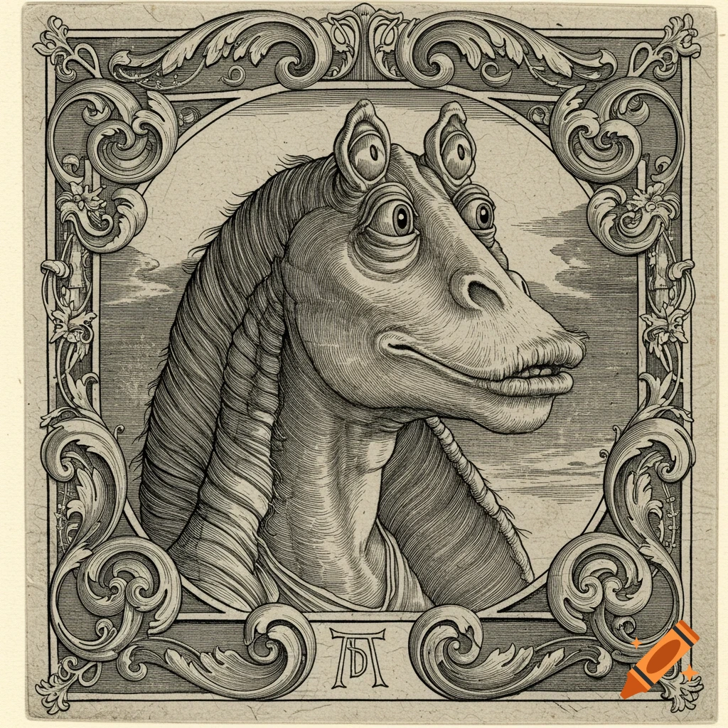 An intricate, highly detailed engraving of Jar Jar Binks in profile, framed by ornate, swirling borders, in the style of Albrecht Dürer.