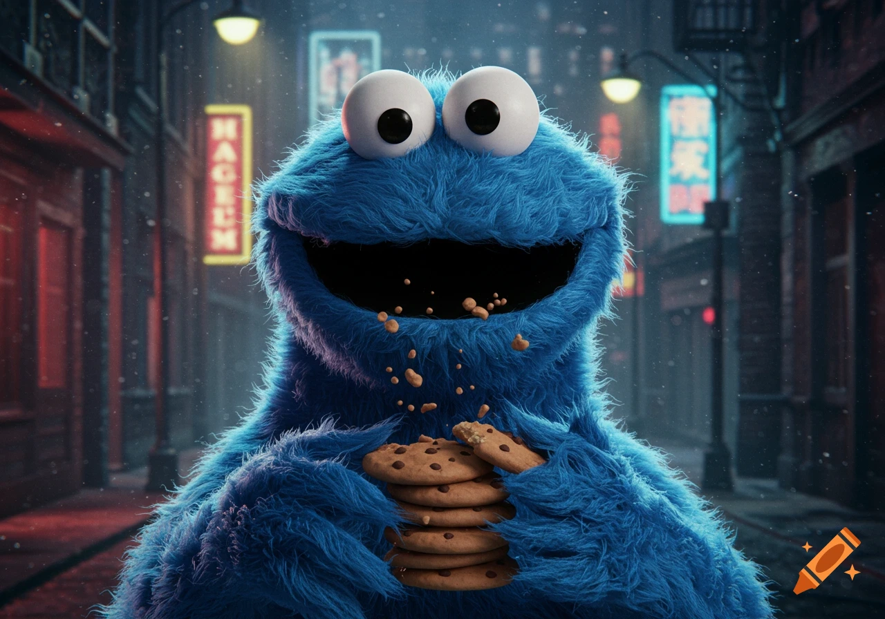 A photorealistic Cookie Monster with wide eyes smiles, holding a stack of chocolate chip cookies in a dark, snowy city street with neon signs.