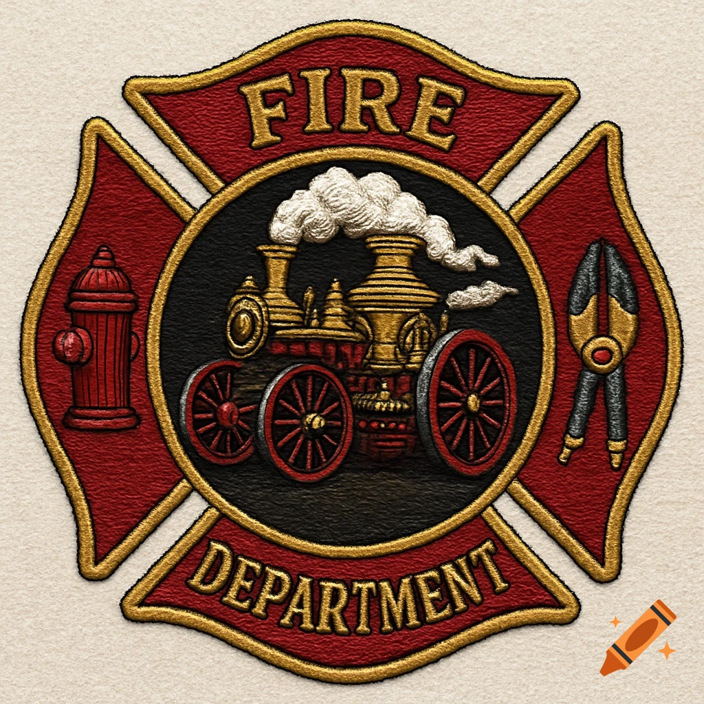 A red and gold fire department patch with a steam engine, fire hydrant, and hydraulic spreaders.