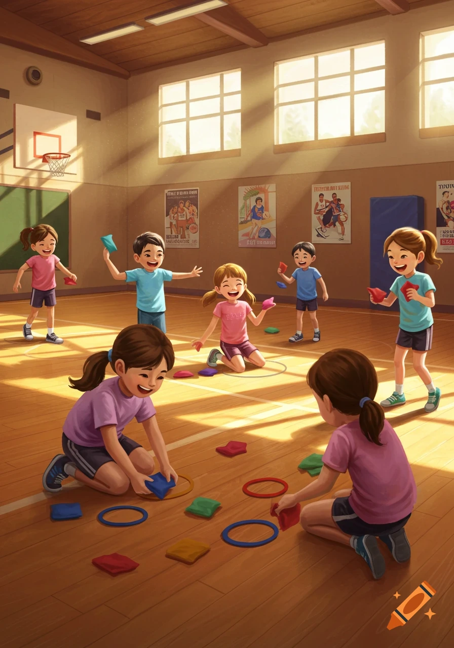 Illustration of diverse children playing a sorting activity with beanbags and rings in a sunny school gym.