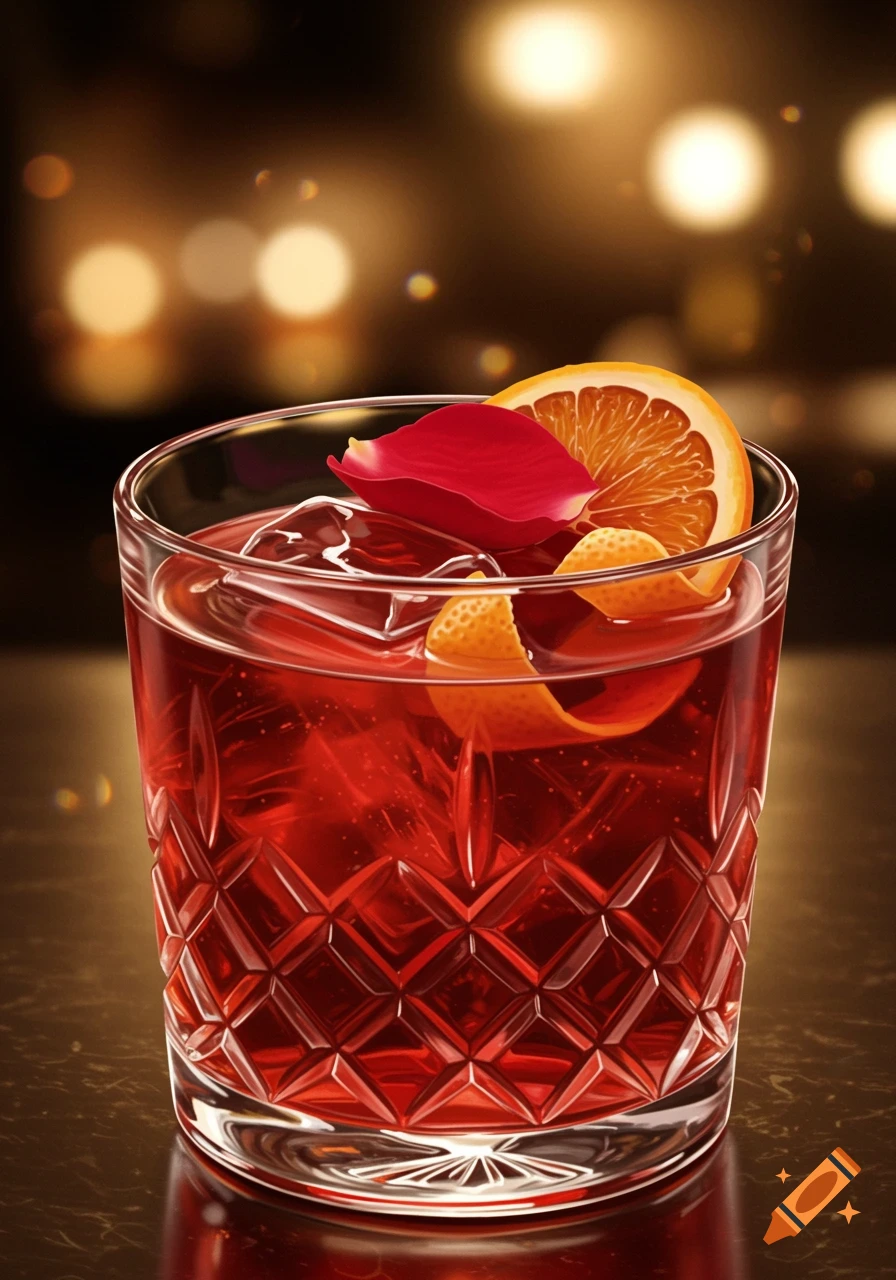 A photorealistic close-up of a red Negroni cocktail garnished with an orange slice, orange peel, and a red rose petal, with a blurred background of lights.