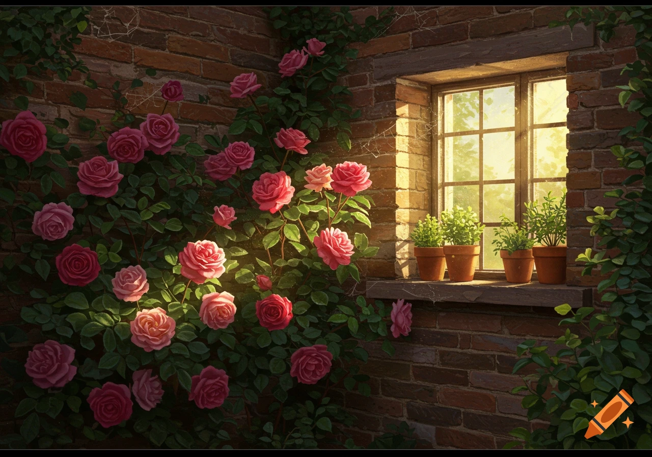 A vibrant rosebush climbs a brick wall beside a window with potted plants on the sill, bathed in warm sunlight.