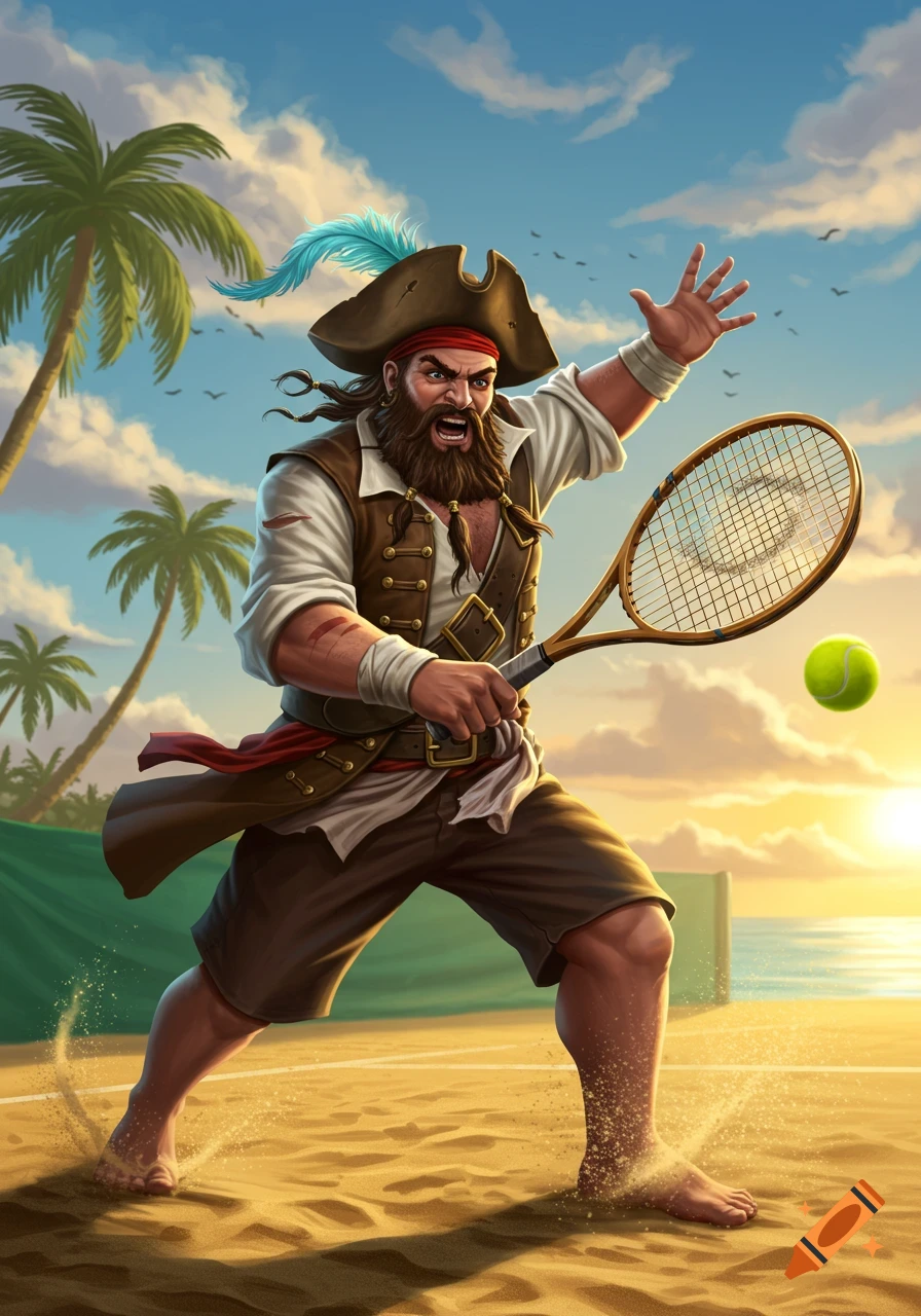 A cartoonish pirate with a beard and eye patch plays tennis on a sandy beach court at sunset, racket ready to hit a ball.