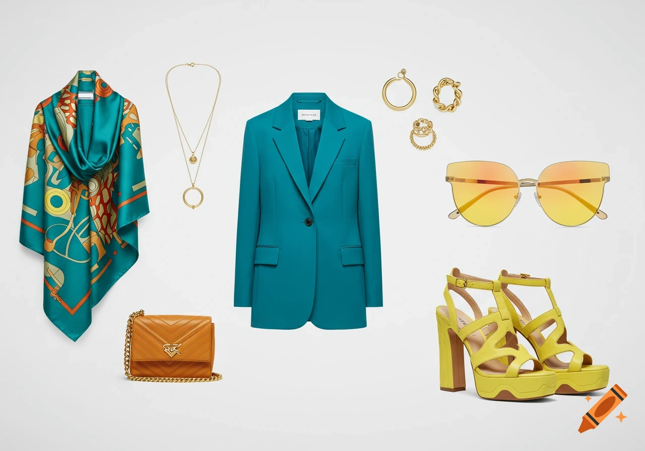 A teal blazer, patterned scarf, gold jewelry, yellow sunglasses, brown handbag, and yellow platform heels on a white background.