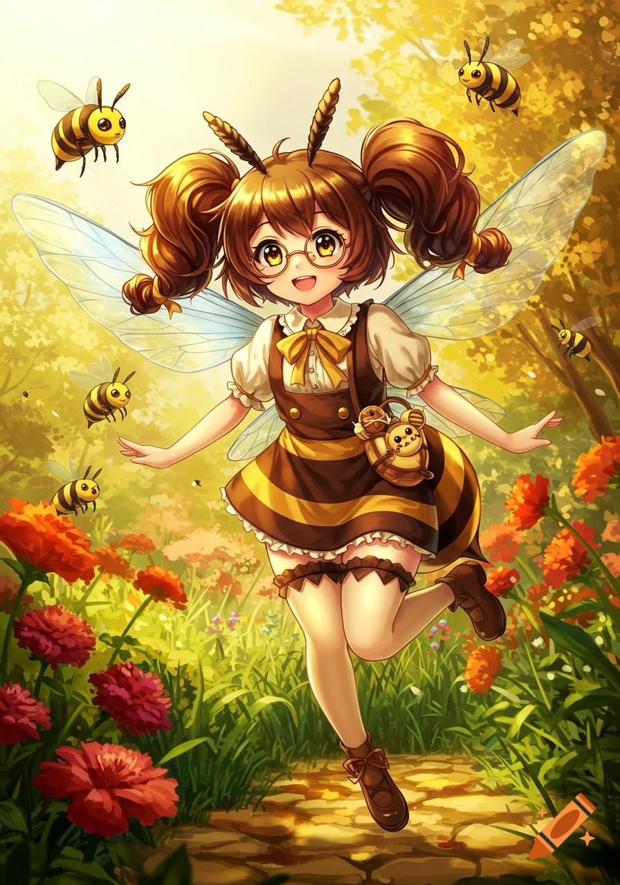 An anime girl with pigtails, glasses, and bee antennae, wearing a bee-themed dress and fairy wings, smiles in a vibrant flower garden with bees flying around her.