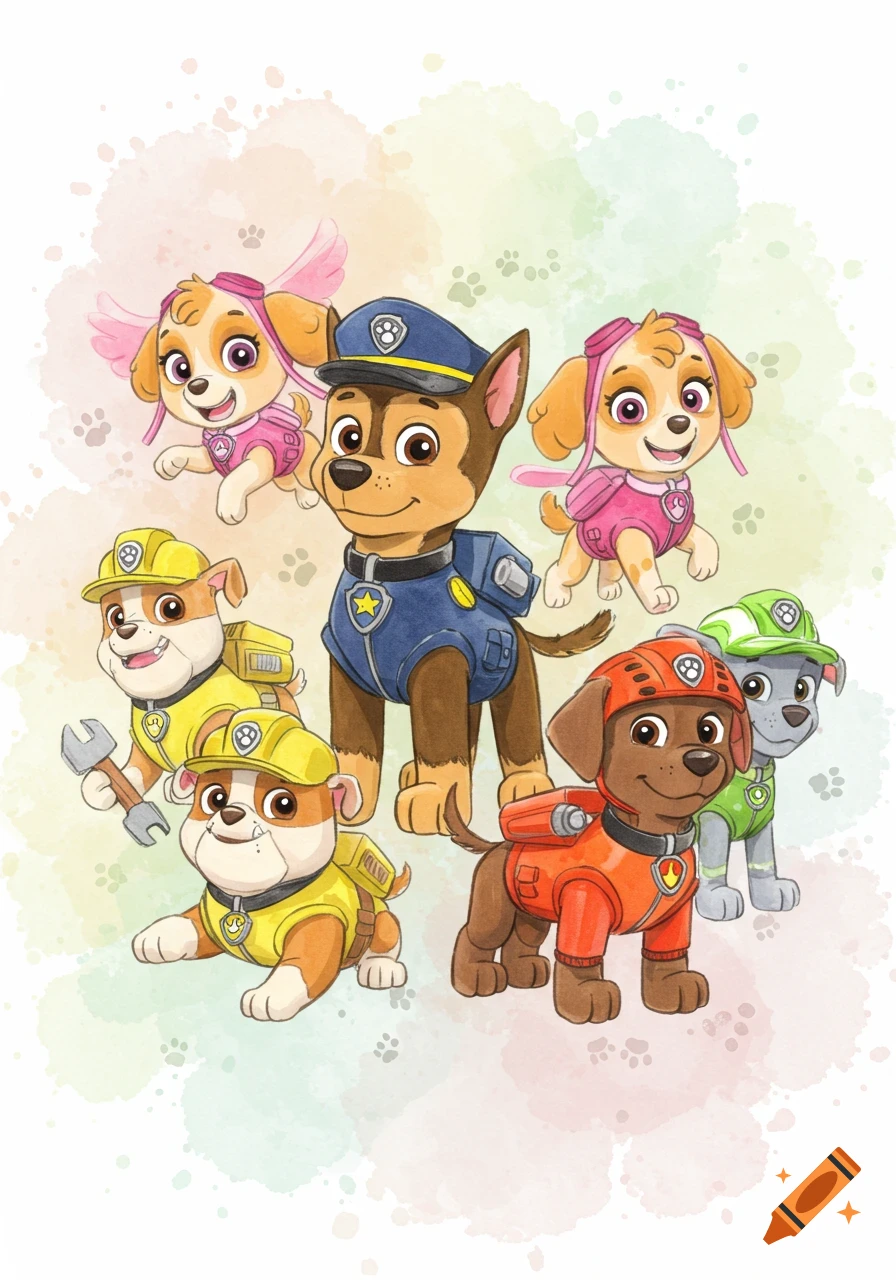 Watercolor illustration of six Paw Patrol characters, including Chase, Skye, Rubble, Marshall, Rocky, and Zuma, against a pastel splash background with paw prints.