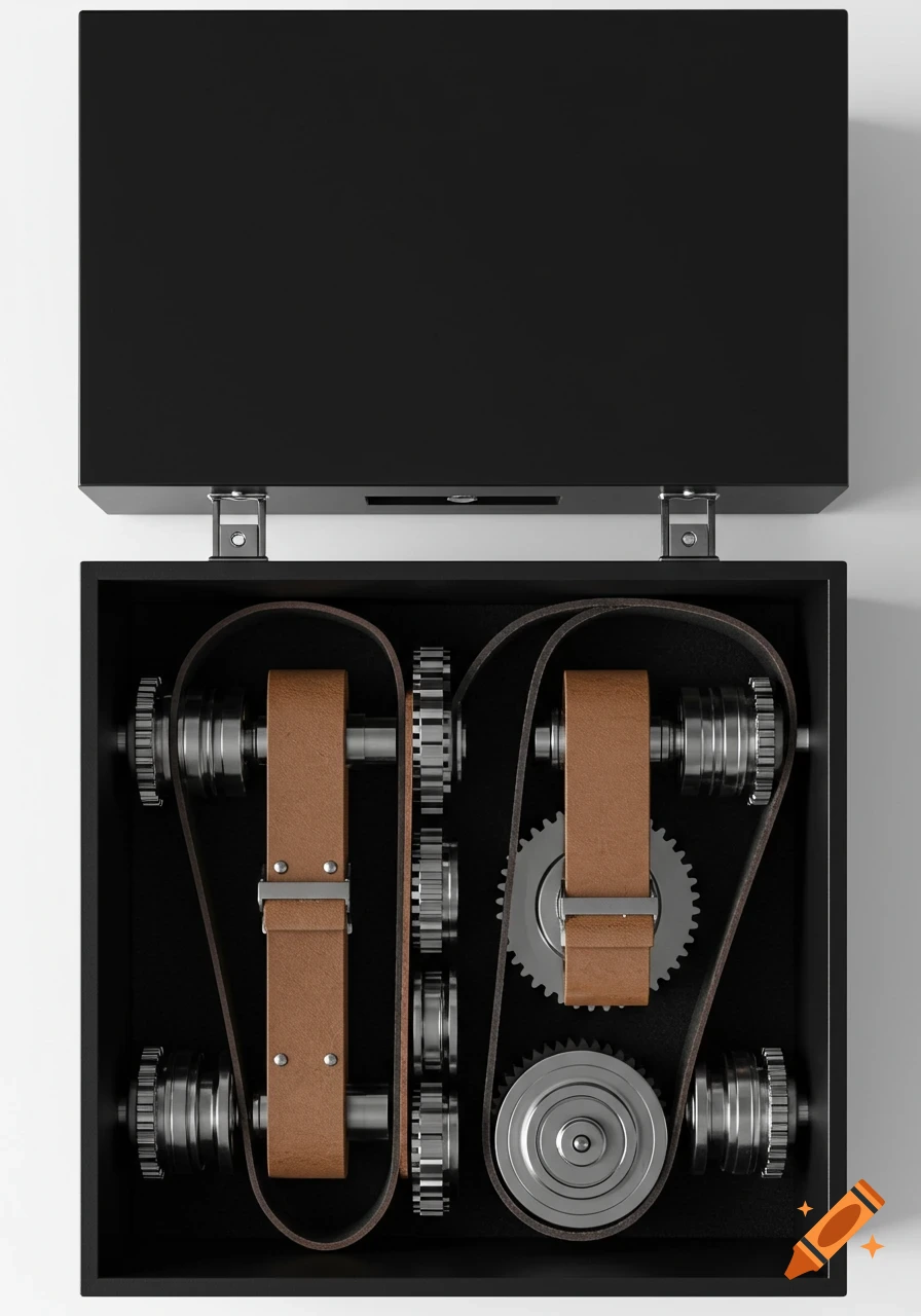 Aerial view of an open black box revealing a complex system of silver gears, pulleys, and brown leather straps, against a white background.