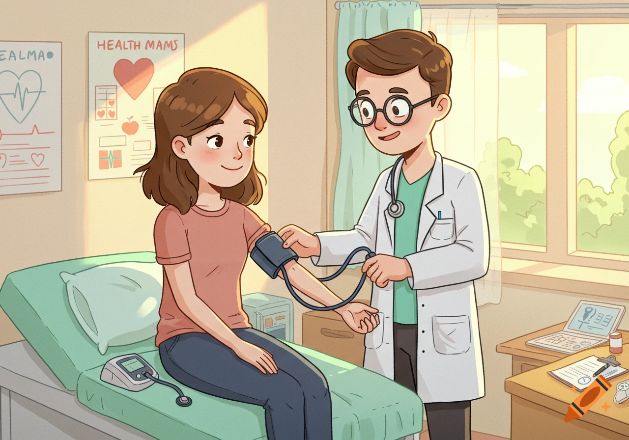 A cartoon illustration of a doctor checking a female patient's blood pressure in a clinic.