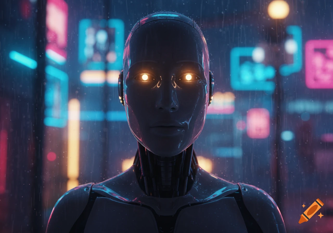 Close-up of a human-like robot with glowing orange eyes against a blurry neon city background in the rain.
