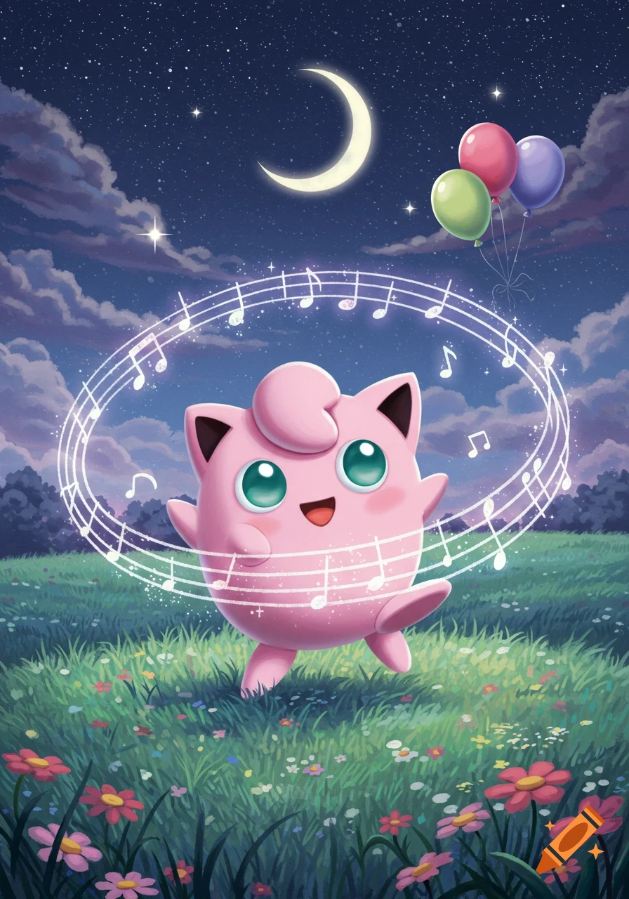 Jigglypuff sings surrounded by musical notes in a grassy field at night with a crescent moon and balloons.