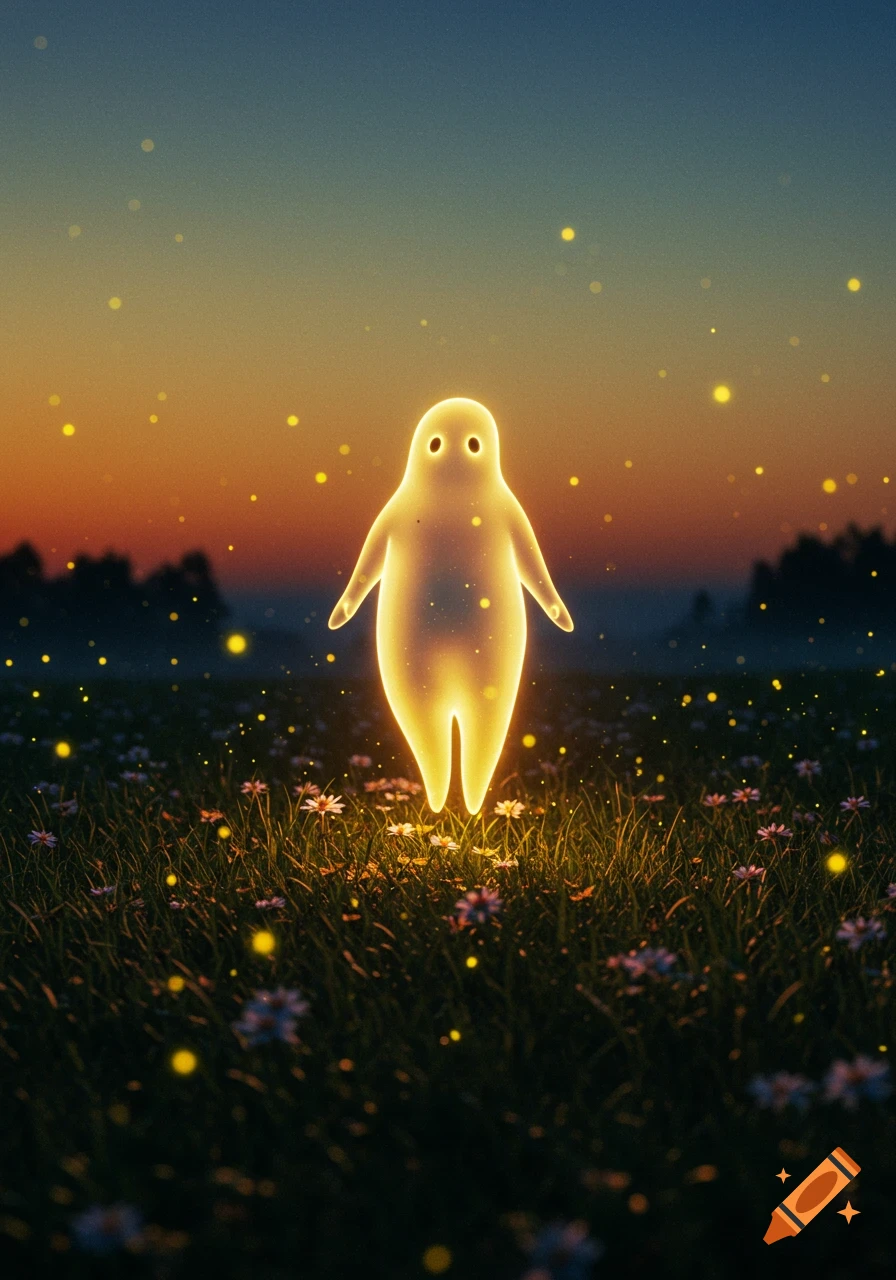 A glowing, blob-like spirit floats in a field of small white flowers under a twilight sky, surrounded by golden fireflies.