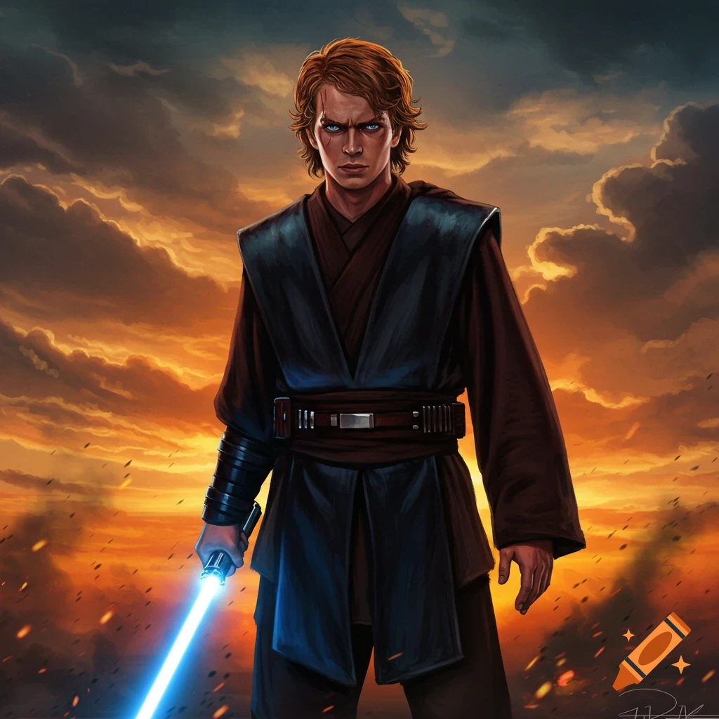 Anakin Skywalker in a dark robe, holding a blue lightsaber, stands against a fiery orange and black sky.