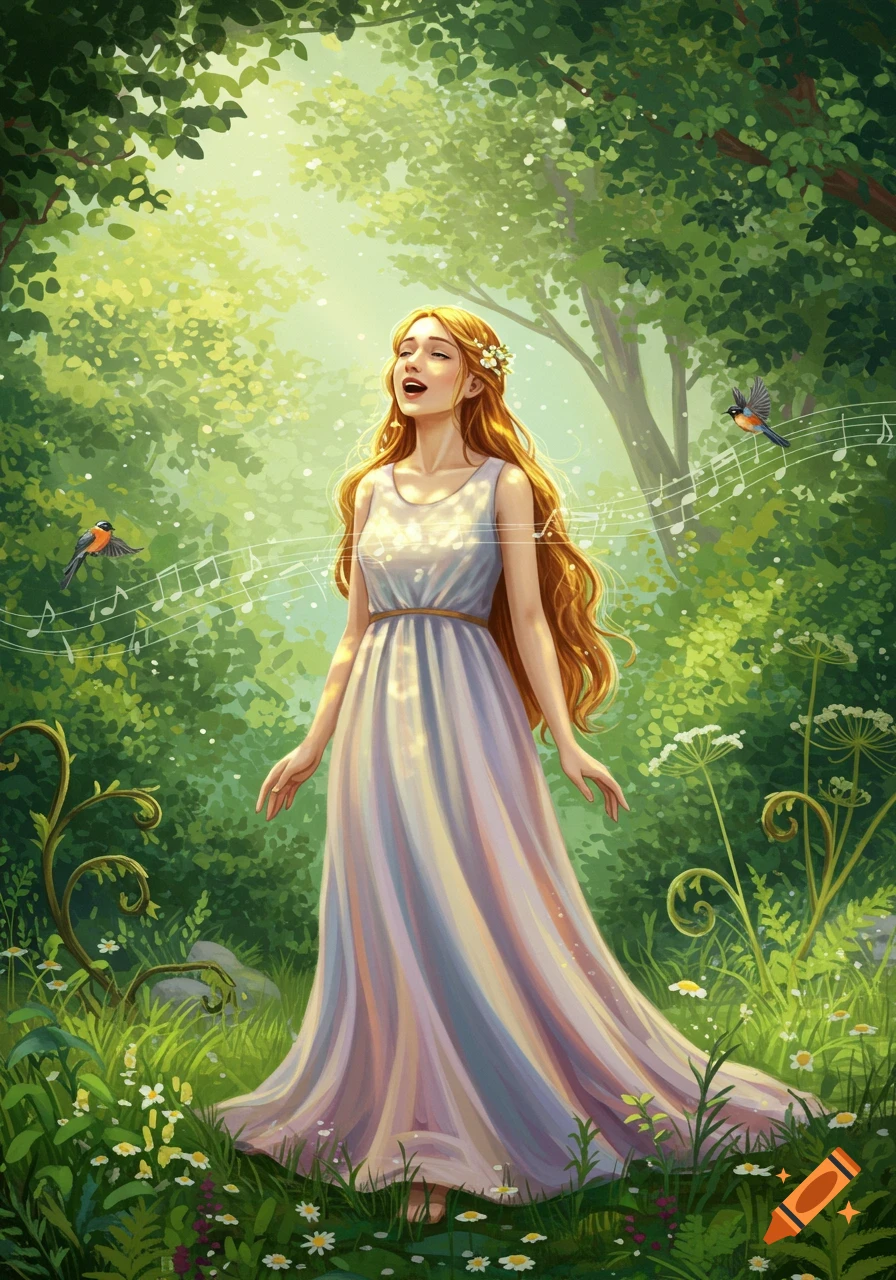 An ethereal woman with long red hair in a flowing dress sings in a lush, sunlit forest, surrounded by musical notes and birds.