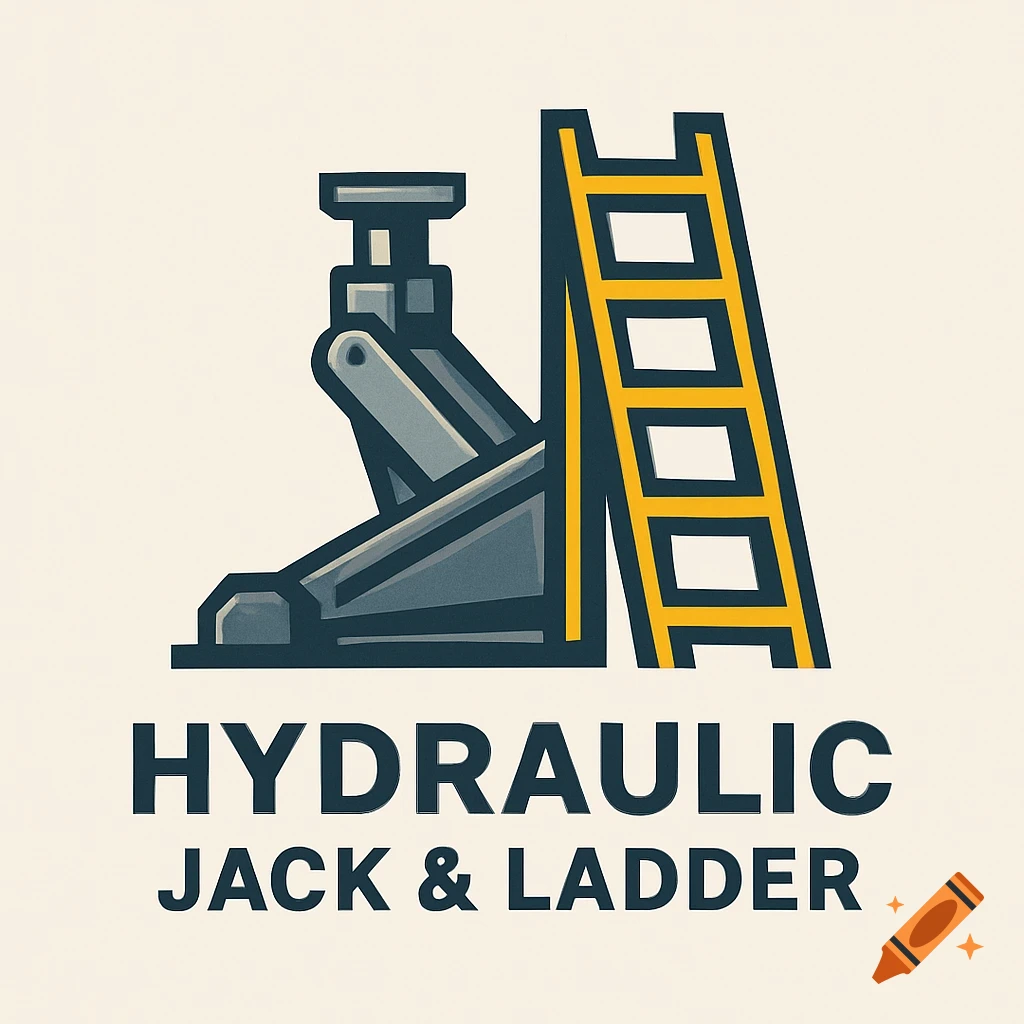 A minimalist logo illustration of a grey hydraulic jack next to a yellow ladder with the text 'HYDRAULIC JACK & LADDER'.