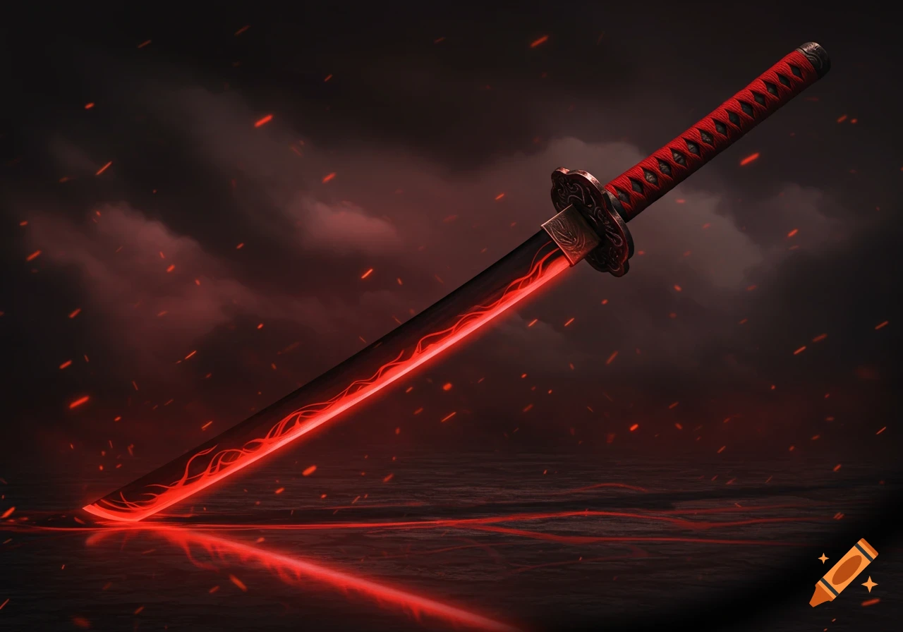 A sleek, dark katana with a glowing red blade and red-wrapped hilt stands in a dark, smoky environment with red embers.