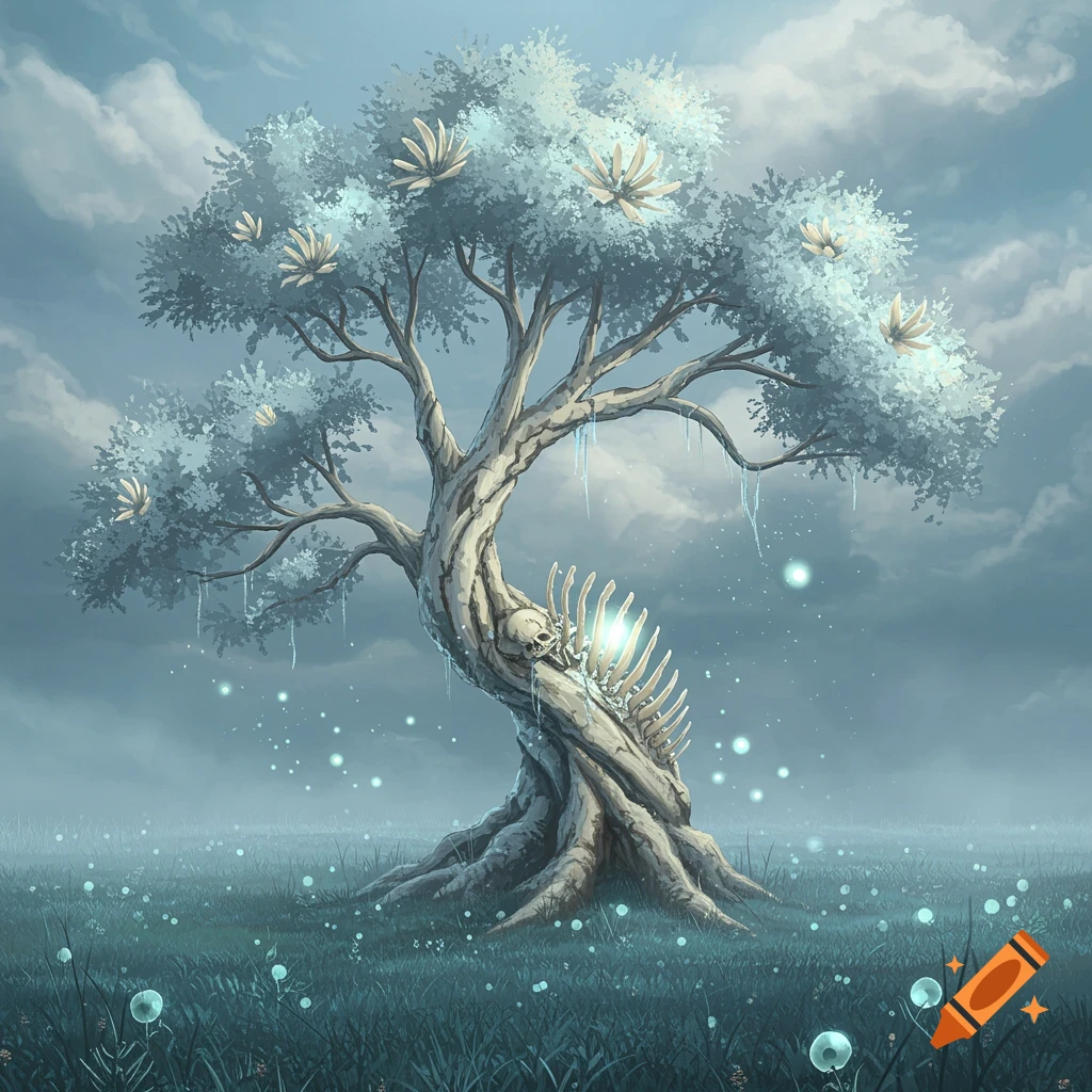A stylized tree with light blue foliage and bone-like flowers, a skull and ribcage embedded in its trunk, glowing in a misty field.