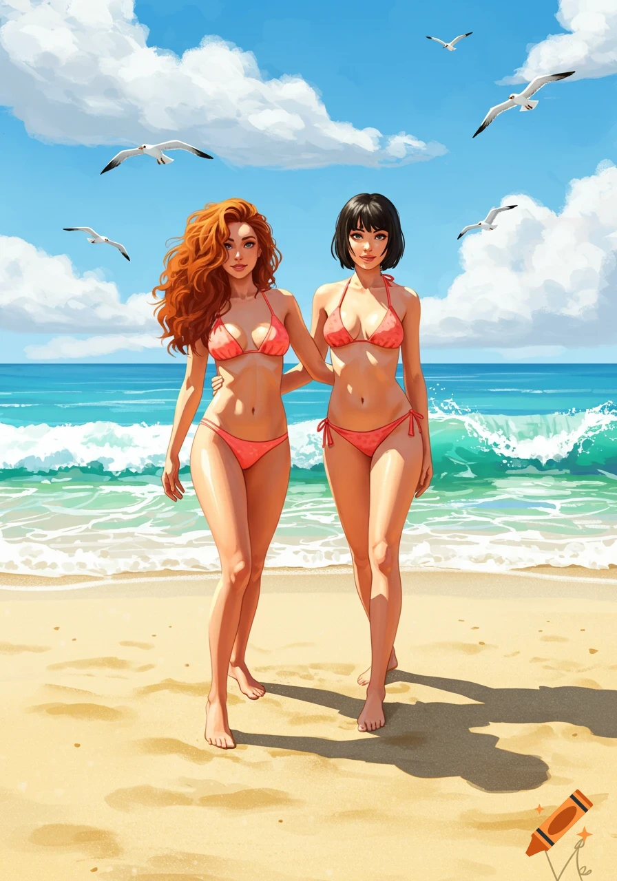 Two anime-style women in pink bikinis walk hand-in-hand on a sandy beach next to the ocean under a blue sky with seagulls.