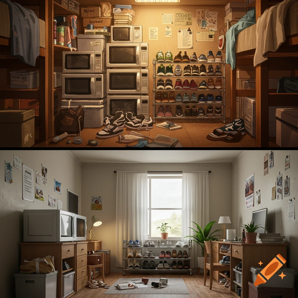 A split image of a dorm room. The top half is cluttered with multiple microwaves, shoe racks, and stacked boxes. The bottom half is the same dorm room, but neat and aesthetic, with one of each essential item.