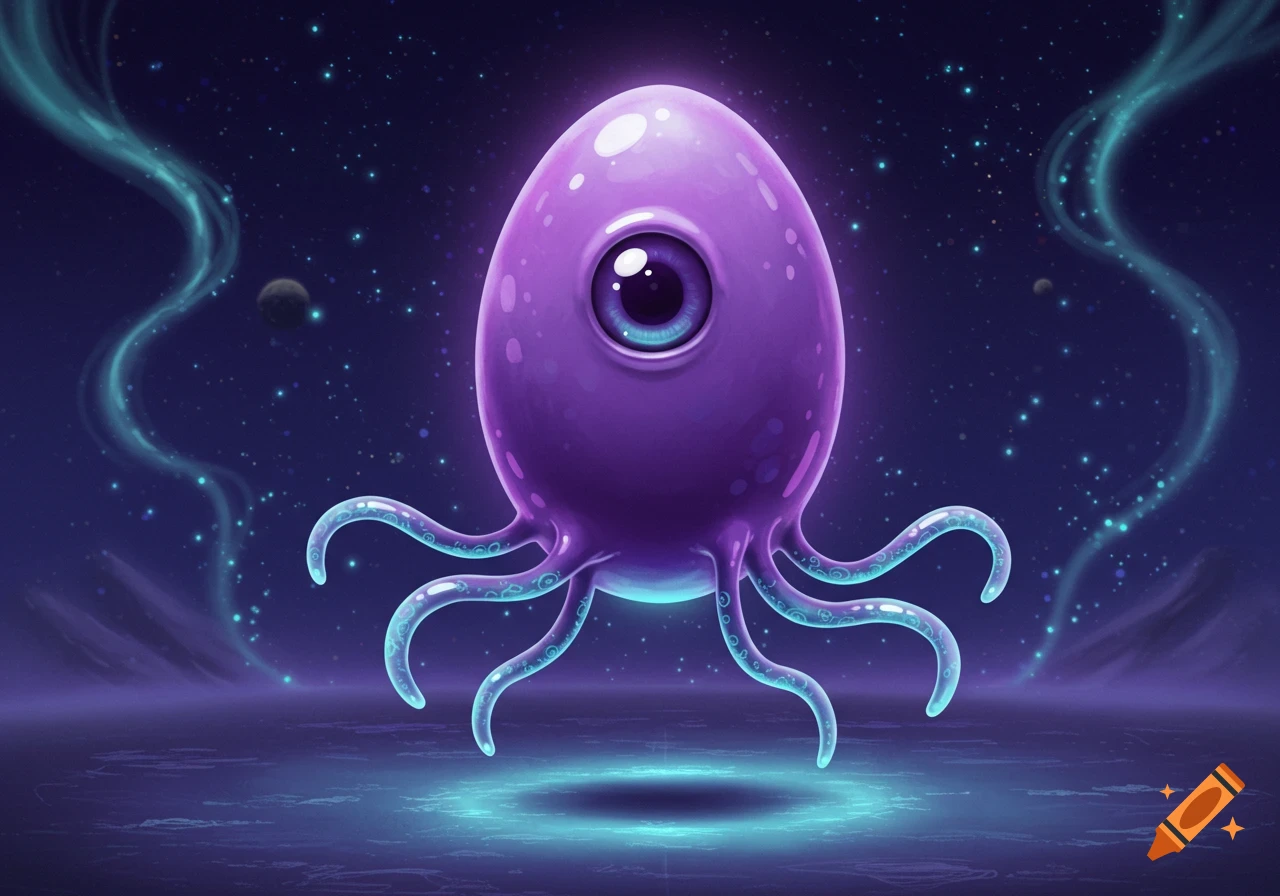 A vibrant purple, egg-shaped alien with one large eye and six tentacles floats in a starry cosmic void with glowing light.