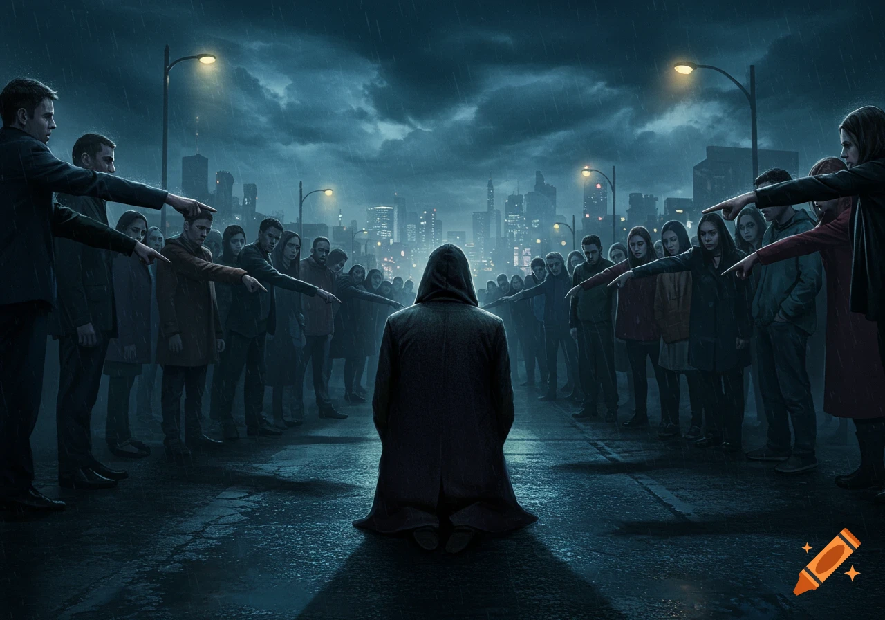 A digital illustration of a hooded figure kneeling in a dark, rainy city street while a crowd points fingers at them.