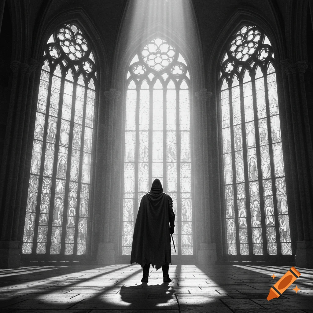 A hooded figure stands dramatically in a black and white church, bathed in light from large stained-glass windows.
