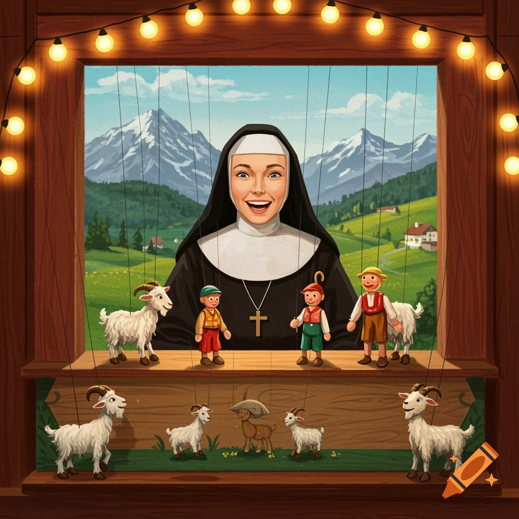 A smiling nun, reminiscent of The Sound of Music, stands behind a puppet stage with various human and goat puppets, set against a mountainous landscape.