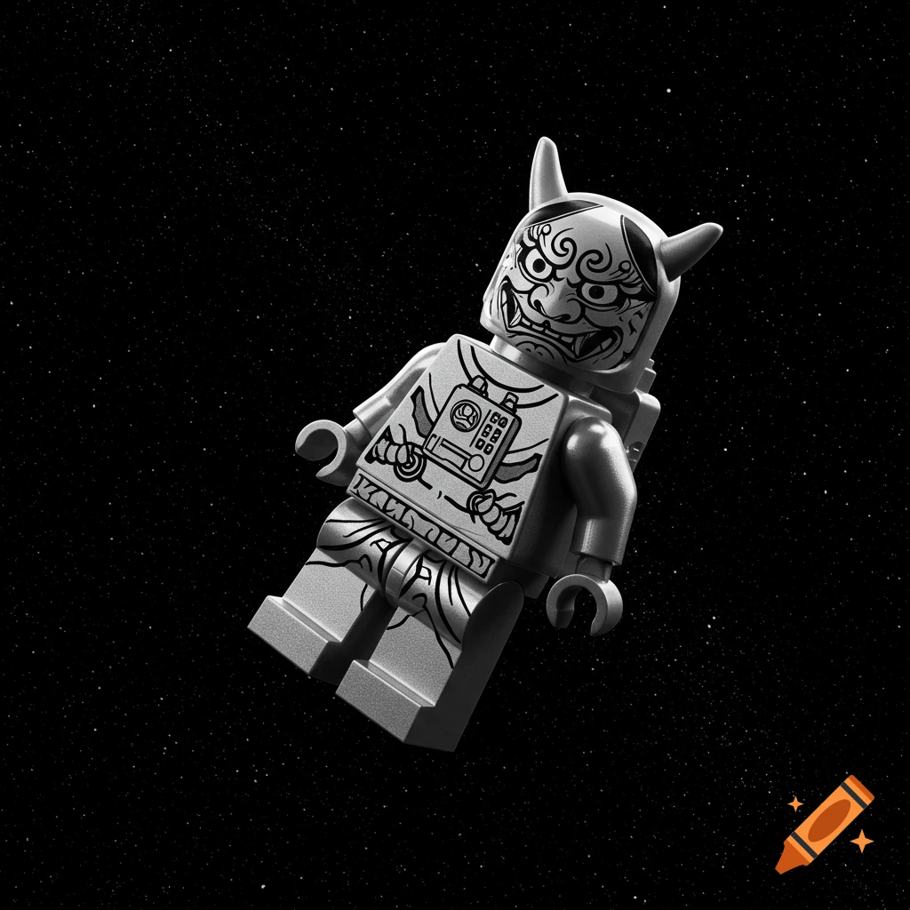A black and white LEGO astronaut with a Japanese oni mask floats in starry space.