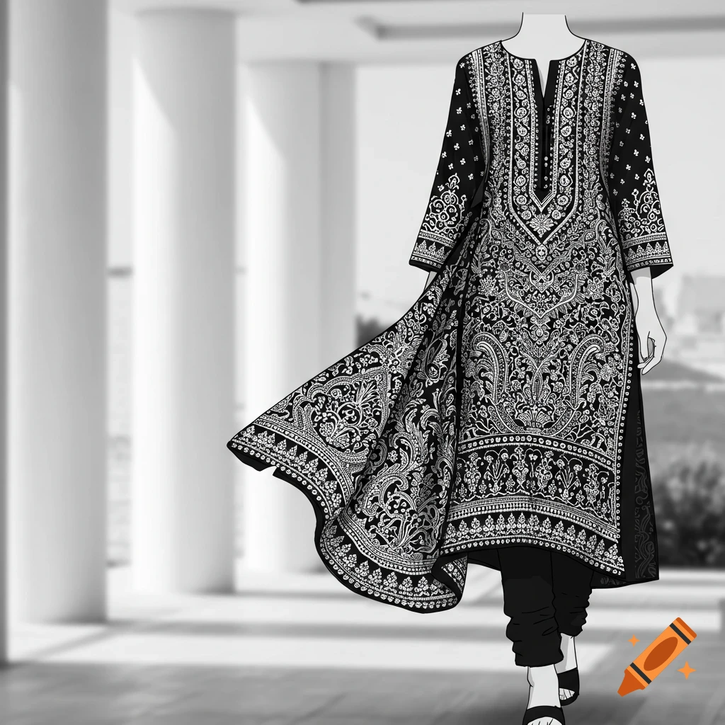 Black and white illustration of a patterned kurta dress on a mannequin-like figure, walking in a blurred indoor setting.
