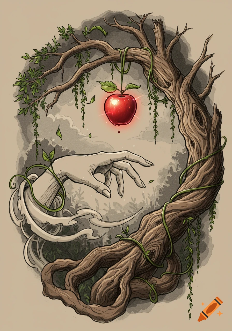 A stylized hand reaches for a glowing red apple hanging from a gnarled, intertwining tree, with roots below and leaves trailing.