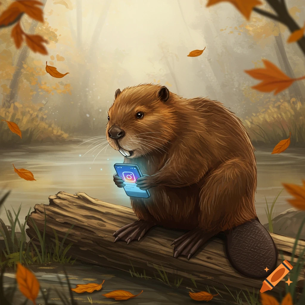 A cute beaver sits on a log in an autumn forest, looking at a glowing smartphone with the Instagram logo.