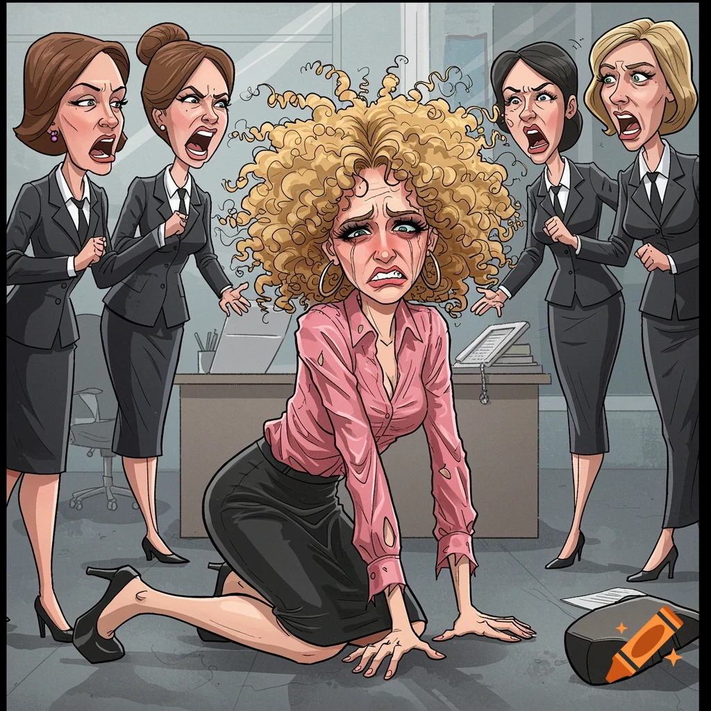Cartoon caricature of a distressed woman crying on her hands and knees in an office, surrounded by four shouting businesswomen.