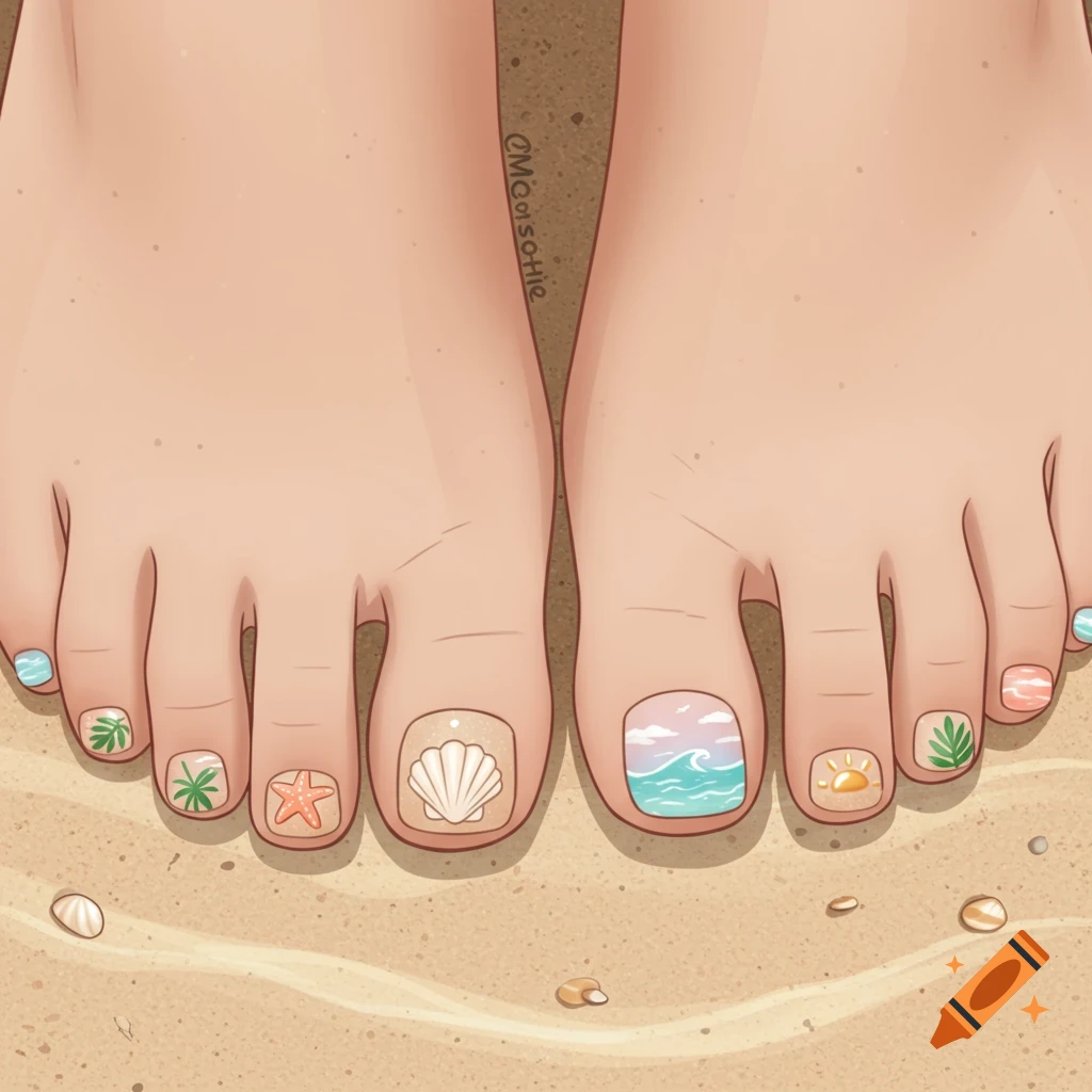 Illustration of bare feet with beach-themed painted toenails resting on sand with small shells.