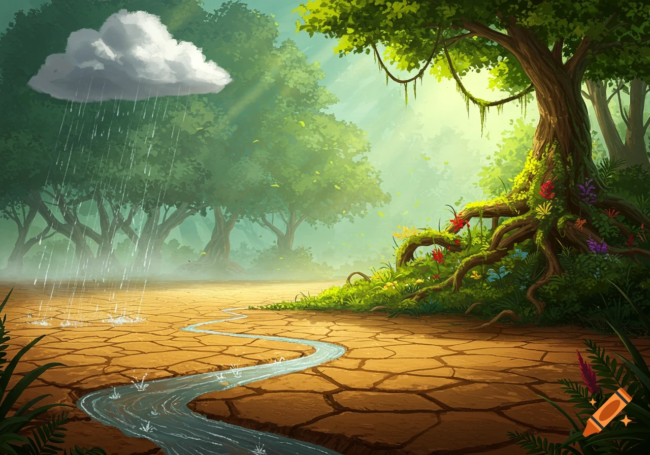 Illustration of a rain cloud over dry cracked earth, a stream flowing towards a vibrant rainforest with a large tree and colorful flowers.
