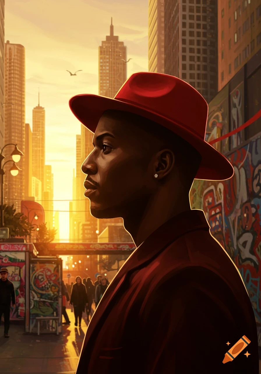 Profile of a man in a red fedora on an urban street at sunset, with city buildings and graffiti. Stylized illustration.