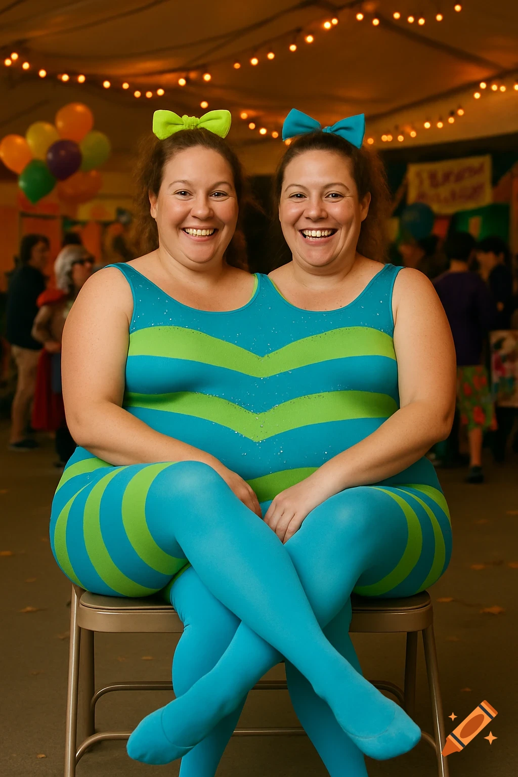 Two women in a teal and lime green striped leotard and tights sit on a chair, merged to appear as a two-headed person, smiling at a carnival.