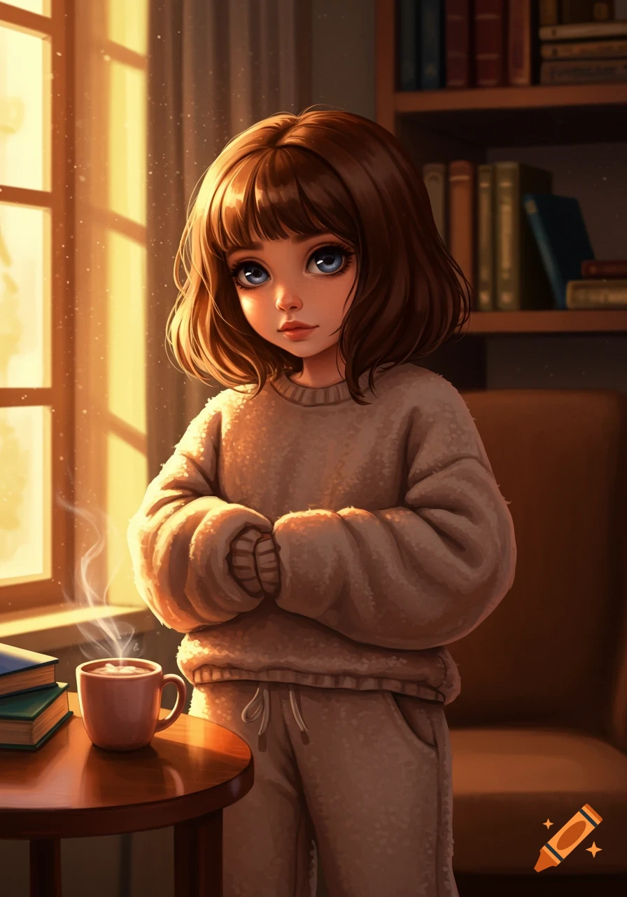 An anime-style girl with brown hair and blue eyes wears a beige sweater, holding her hands in front of a window with golden light, next to a steaming cup.