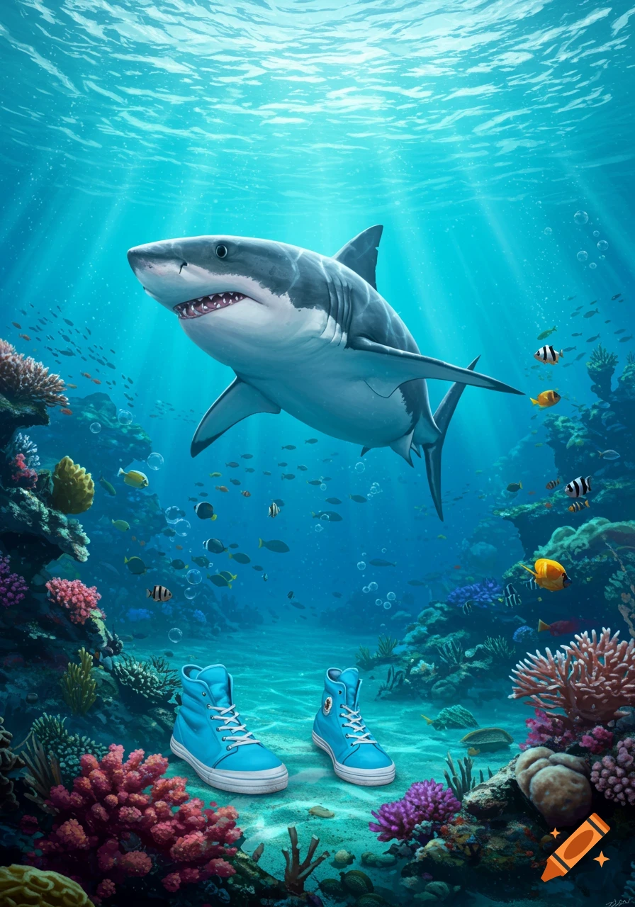 A great white shark swims above a pair of blue high-top sneakers on a vibrant coral reef in a sunlit ocean.