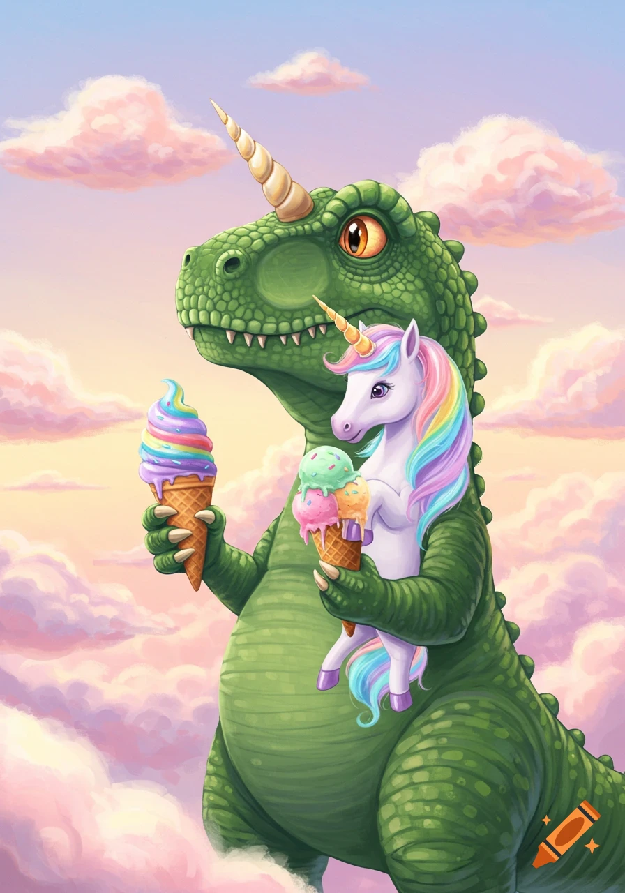 A green dinosaur with a unicorn horn holds a rainbow ice cream cone, while a smaller unicorn holds another ice cream.