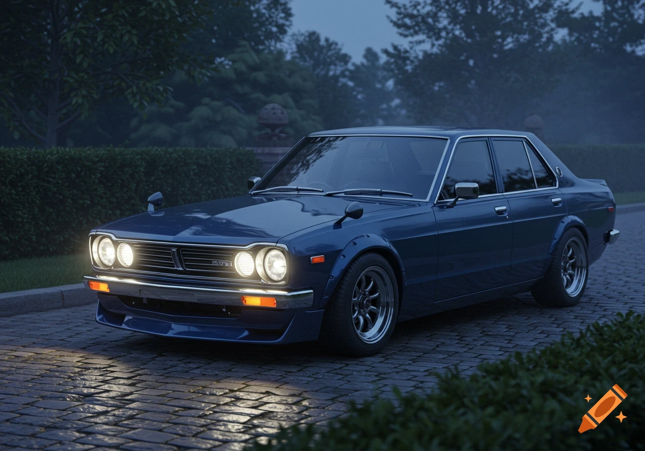 A dark blue four-door Datsun 240z car parked on a cobblestone driveway at dusk, with headlights on.