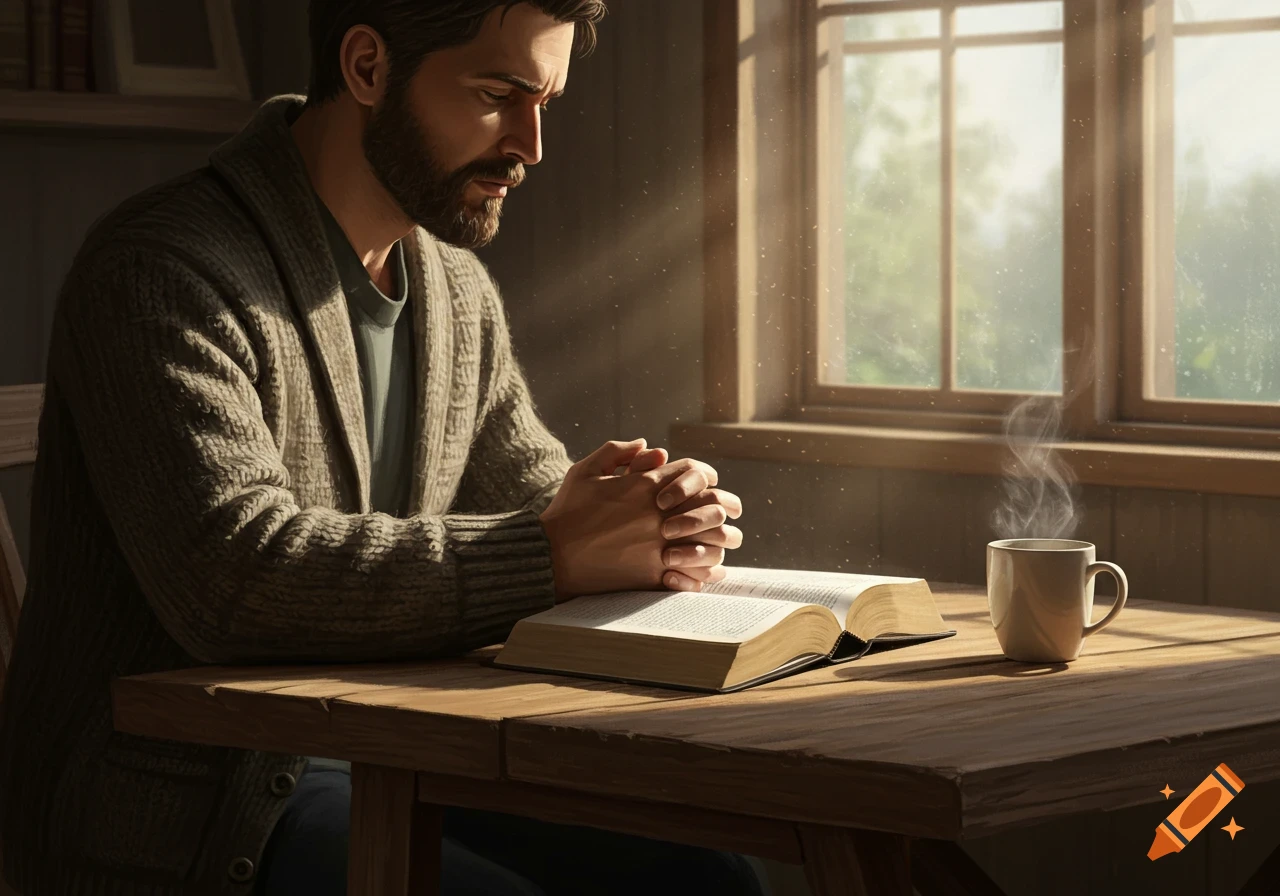 A man with a beard sits at a wooden table, hands clasped, looking down at an open Bible, with a steaming mug of coffee beside it. Sunlight streams in from a window.
