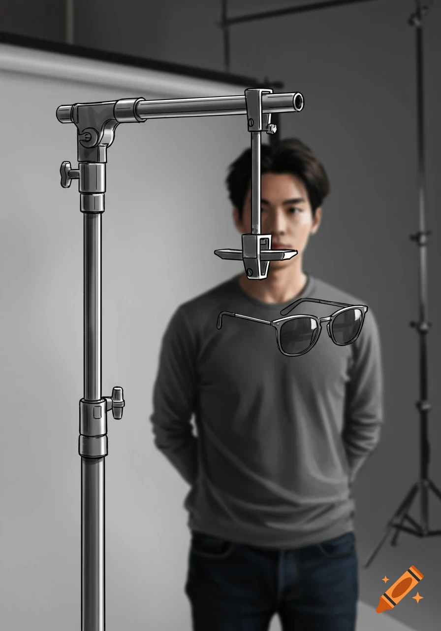 A blurred man stands behind a C-stand and clamp holding sunglasses in a photo studio, with a distinct outline style.